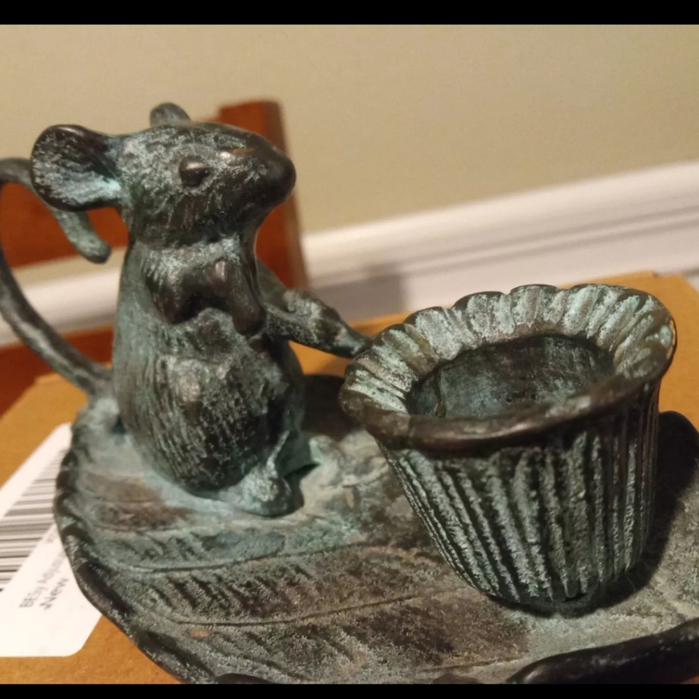Vintage Bronze Mouse Paddling on a Leaf Boat Figure Candle Holder Cottage Core